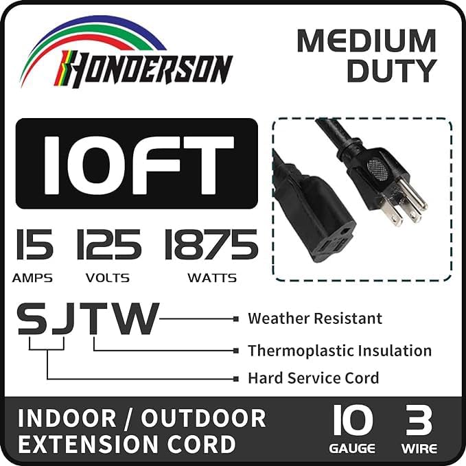 Indoor Outdoor Extension Cord Weatherproof, UL Certified, 10 Gauge 10FT Black 3 Prong Heavy Duty, 10/3 SJTW 15A Power Cord for Outdoor Lights, Appliances, Lawn