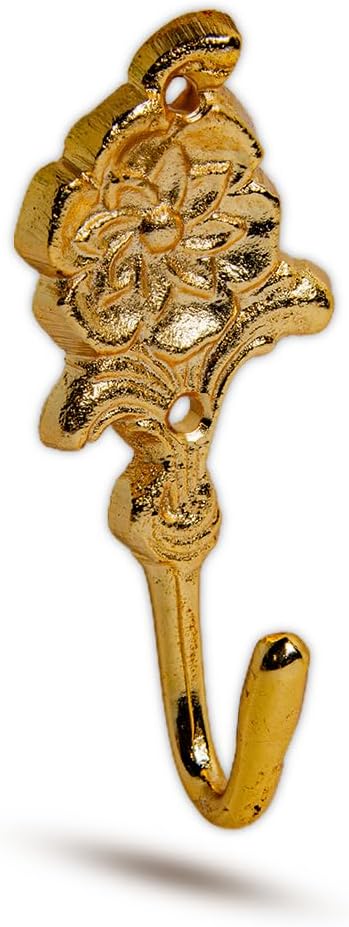 FAPBADRI Multipurpose Hooks, Used to Hang Clothes, Bags, Coats, Curtain Hold Backs, Keys, Colour - Full Gold, Material - Brass, Flower Design, Screws and Wallplugs Included, Pack of 4 Pieces