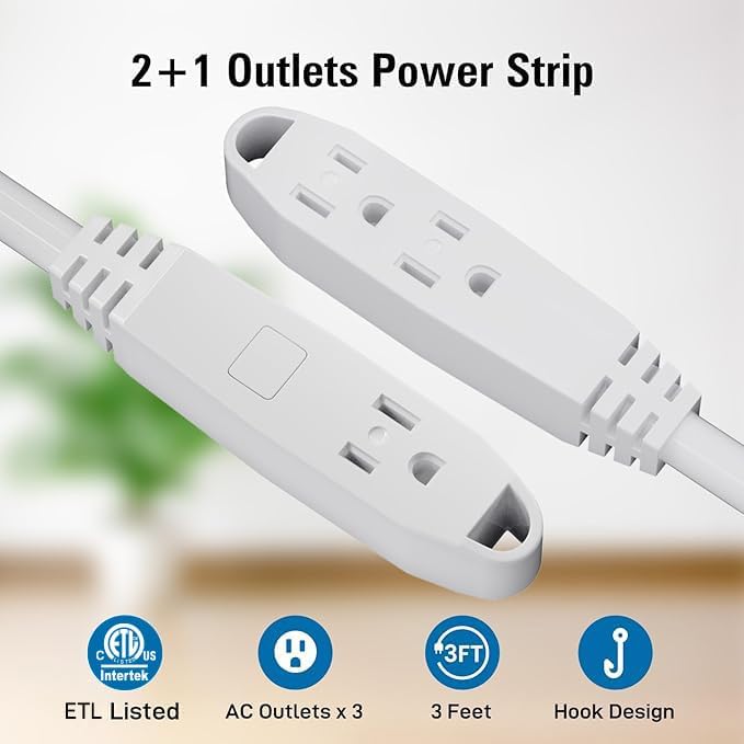 K KASONIC - 100-Feet 3 Outlet Extension Cord, ETL/UL Listed, 16/3 SJTW 3-Wire Grounded, 10 Amp 125 V 1625 Watts, Multi-Outlet Indoor/Outdoor Use, White