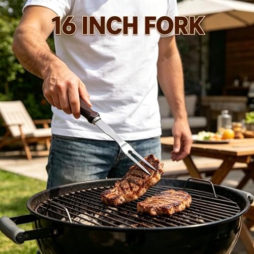 Grilling Accessories - 16 Inch Extra Long BBQ Accessories Grill Gifts for Men, Barbecue Grilling Tools Utensils Set with Spatula, Fork, Brush, Tongs, Thermometer - Image 3