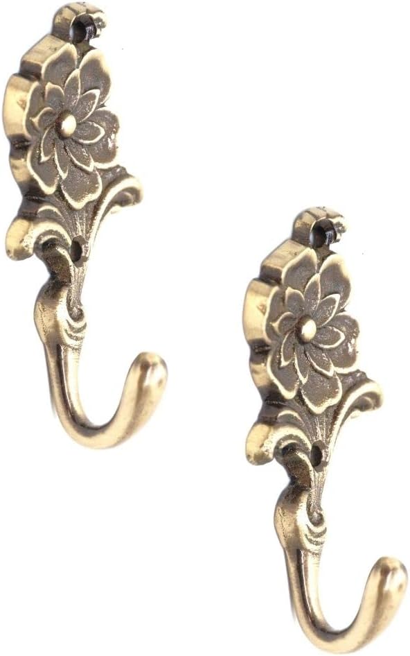 FAPBADRI Multipurpose Hooks, Used to Hang Clothes, Bags, Coats, Curtain Hold Backs, Keys, Colour - Antique Gold, Material - Brass, Flower Design, Screws and Wallplugs Included, Pack of 4 Pieces