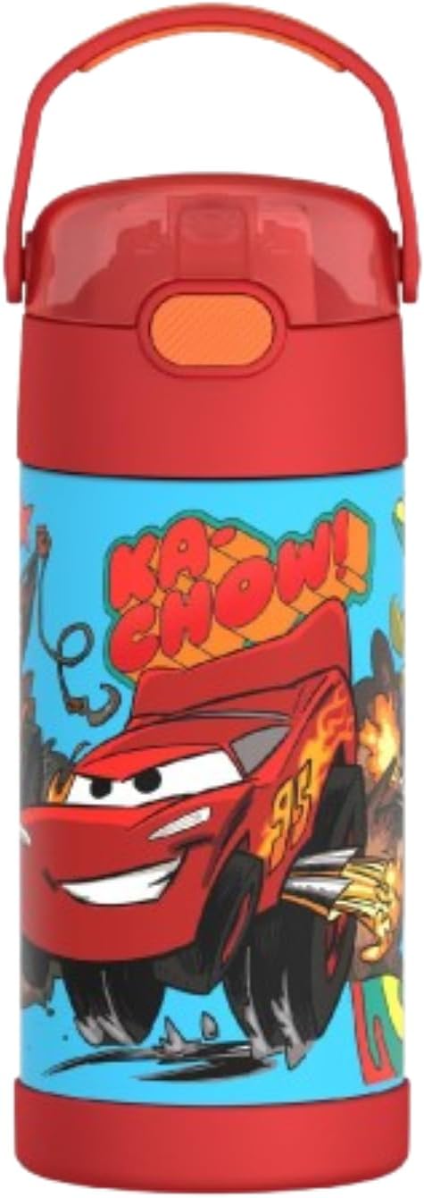 THERMOS FUNTAINER Water Bottle with Straw - 12 Ounce - Kids Stainless Steel Vacuum Insulated Water Bottle with Lid, Cars