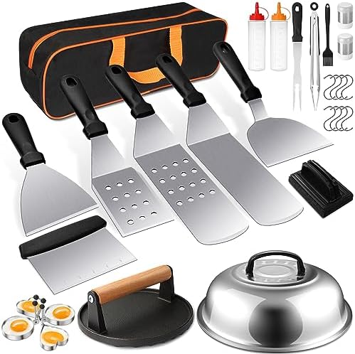 Griddle Accessories Kit, Terlulu 29 PCS Flat Top Grill Accessories for Blackstone and Camp Chef, Metal Spatula Set with Burger Press, Melting Dome, Scraper, Tongs, Carry Bag for Outdoor Grilling BBQ by Terlulu
