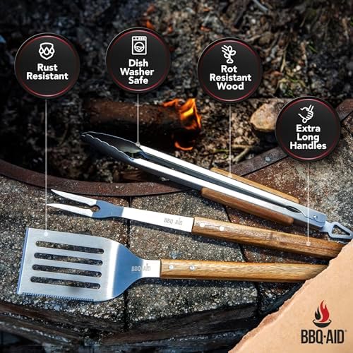 3 piece BBQ Grilling Accessories Set - BBQ Tongs Spatula Fork Set - Heavy Duty Stainless Steel Barbecue Grill Tools with Solid Hard Wood Handles Great Gift Set - Image 3