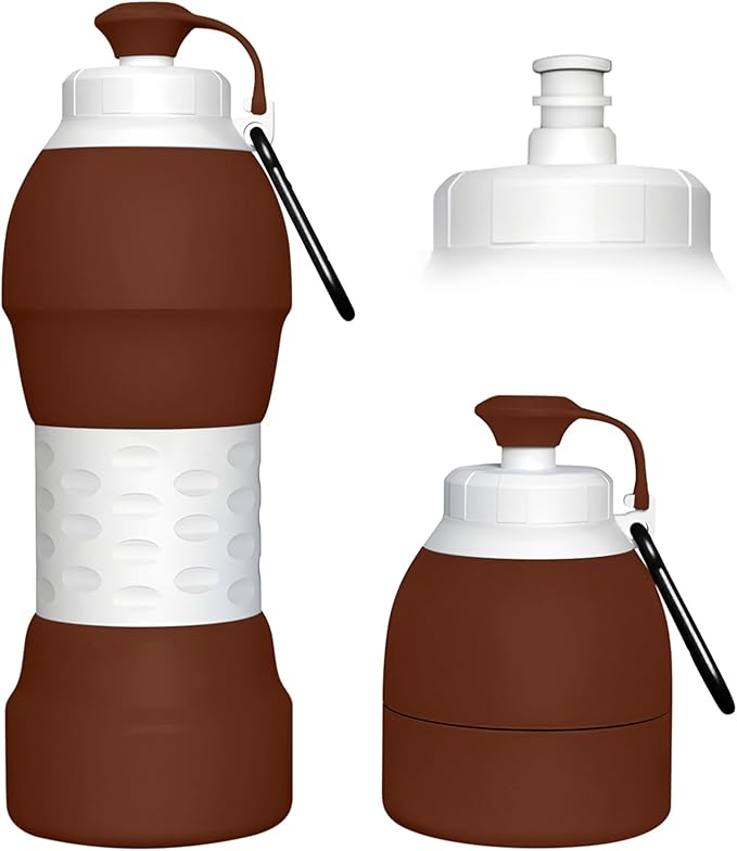 Collapsible Lightweight 20oz Water Bottle, Food-Grade Silicone BPA Free, Foldable Portable Leak Proof Office Travel Cycling Sports Outdoor Water Bottle with Vertical Hook (brown, long nozzle)