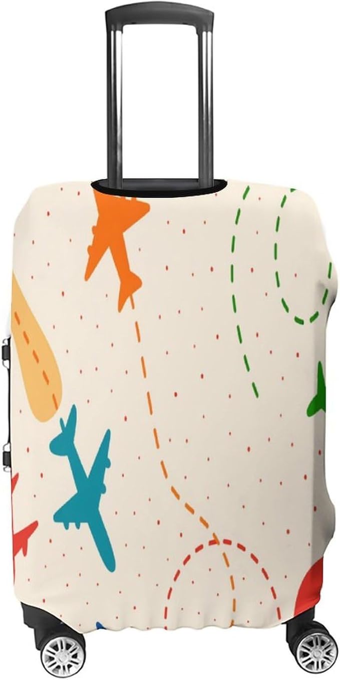 Colorful Airplane Stretch Luggage Cover, Washable Suitcase Protector Fits 22-24in Cases, Secure Fit for Carry On Checked Bags, Travel Essentials