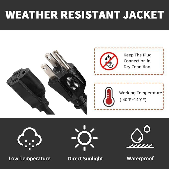 Indoor Outdoor Extension Cord Weatherproof, UL Certified, 14 Gauge 8FT Black 3 Prong Heavy Duty, 14/3 SJTW 15A Power Cord for Outdoor Lights, Appliances, Lawn