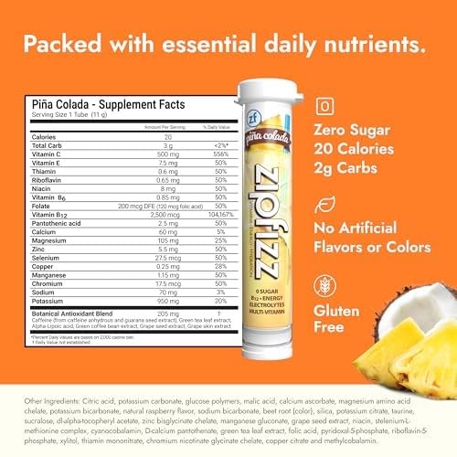 Zipfizz Daily Energy Drink Powder, Pina Colada, 20 Pack | 3-in-1 Sustained Energy, Rapid Hydration, and Essential Vitamins | Sugar-Free | Electrolyte Powder | Contains Vitamin B-12 & Antioxidants