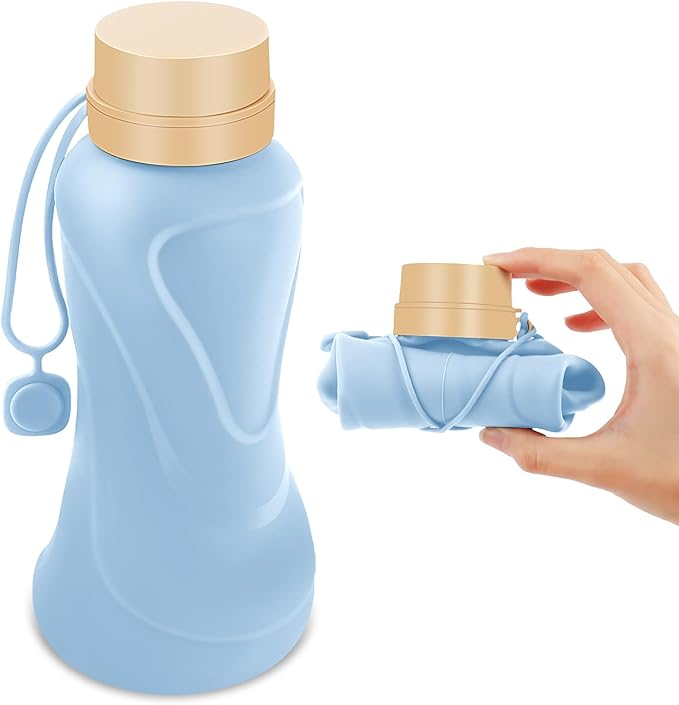 Collapsible Water Bottles,650ml,Leak Proof,Reuseable BPA Free Silicone Foldable Water Bottles,Durable Lightweight for Travel Gym Camping Hiking,Compact Size Portable Sports Water Bottle (Blue)