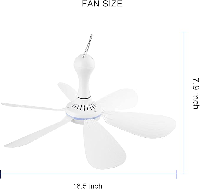Silent USB Powered Ceiling Canopy Fan with 1m Extension Cord, Small Portable 6 blade Quiet Small DC USB Ceiling Fan Hanging Fan for Camping Bed Dormitory RV Tent Home Room