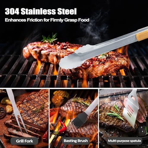 Uncle Gifts, Uncle Gift from Niece Christmas Heavy Duty Wooden BBQ Grilling Accessories Kit for Backyard, Thick Stainless Steel Grill Utensils with Non-Slip Handle Tools in Portable Bag Father's Day - Image 5