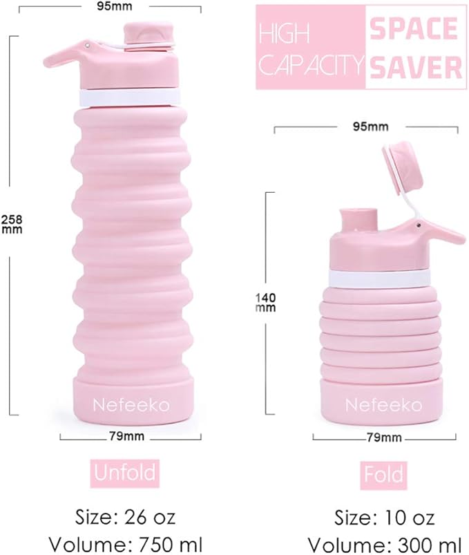 Nefeeko Collapsible Water Bottle, 26oz Silicone Foldable Water Bottles Leakproof BPA Free Travel Water Bottles with Carabiner, Portable Sport Water Bottles for Camping,Hiking Outdoor Indoor Sport