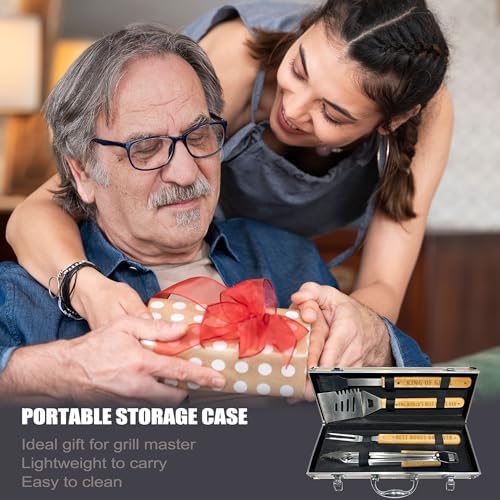 Bonus Dad Gifts from Bonus Daughter Christmas, Heavy Duty Wooden BBQ Grilling Accessories Kit for Backyard, Thick Stainless Steel Grill Utensils with Non-Slip Handle Tools in Portable Bag - Image 6
