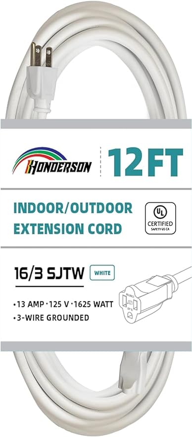 Indoor Outdoor Extension Cord Weatherproof, UL Certified, 16 Gauge 12FT White 3 Prong Heavy Duty, 16/3 SJTW 13A Power Cord for Outdoor Lights, Appliances, Lawn