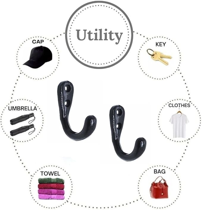 FAPBADRI Multipurpose Hooks, Used to Hang Clothes, Bags, Coats, Curtain Hold Backs, Keys, Colour - Black, Material - Aluminium, Screws and Wallplugs Included, Pack of 2 Pieces