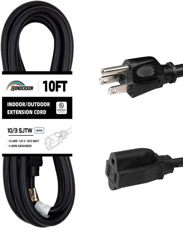 Indoor Outdoor Extension Cord Weatherproof, UL Certified, 10 Gauge 10FT Black 3 Prong Heavy Duty, 10/3 SJTW 15A Power Cord for Outdoor Lights, Appliances, Lawn