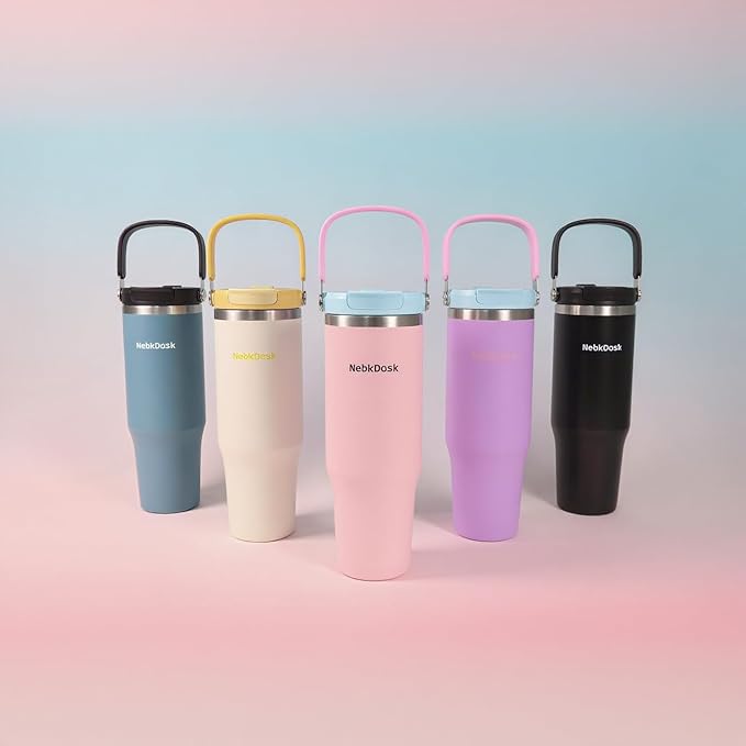 40 oz Insulated Stainless Steel Bottle with 2-in-1 Straw and Spout Lid, Water Bottle with Carry Handle Keep Cold 24H, Leak-Proof, Fits in Car Cup Holder, Travel, and School（off-White）