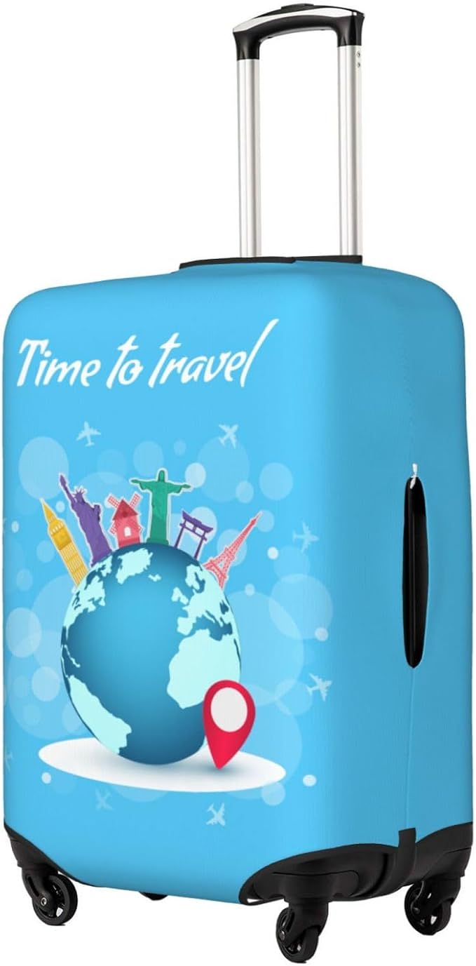 Travel Luggage Cover with Time to Travel Print, World Landmarks Design, Elastic Suitcase Protector for Suitcases (Fits 22-24 Inch Luggage)
