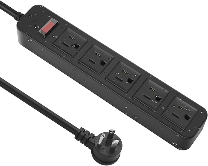 Outdoor Power Strip Waterproof with 5 Outlets, Garden Weatherproof Surge Protector, Christmas Multiple Outlet Exterior Socket for Lighting Appliances. 5FT Extension Cord Strip with Flat Plug. Black