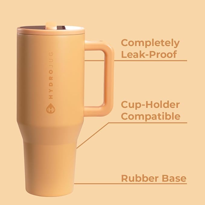 HydroJug Traveler - 40 oz Water Bottle with Handle & Flip Straw - Fits in Cup Holder, Leak Resistant Tumbler-Reusable Insulated Stainless Steel & Rubber Base - Gifts for Women & Men, Marigold