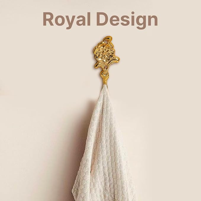 FAPBADRI Multipurpose Hooks, Used to Hang Clothes, Bags, Coats, Curtain Hold Backs, Keys, Colour - Full Gold, Material - Brass, Flower Design, Screws and Wallplugs Included, Pack of 4 Pieces