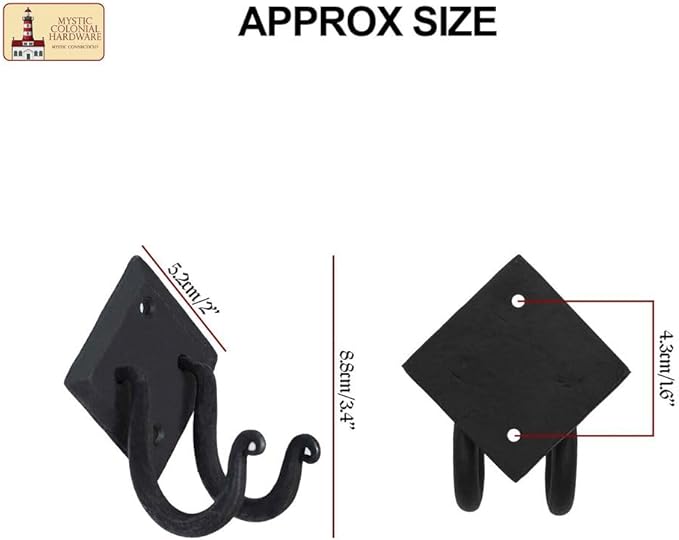 Mystic Colonial Rustic Hand Forged Iron Wall Hook with Two Hangers: Ideal for Victorian, Colonial, Retro, Steampunk, Gothic, and Baroque Settings 8.8 cm Black Pack of 10