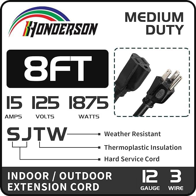 Indoor Outdoor Extension Cord Weatherproof, UL Certified, 12 Gauge 8FT Black 3 Prong Heavy Duty, 12/3 SJTW 15A Power Cord for Outdoor Lights, Appliances, Lawn