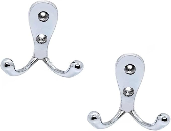 FAPBADRI Multipurpose Hooks, Used to Hang Clothes, Bags, Coats, Curtain Hold Backs, Keys, Colour - Silver, Material - White Metal, Screws and Wallplugs Included, Pack of 2 Pieces