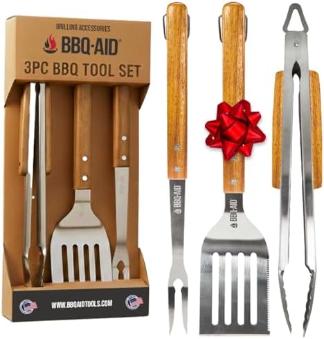 3 piece BBQ Grilling Accessories Set - BBQ Tongs Spatula Fork Set - Heavy Duty Stainless Steel Barbecue Grill Tools with Solid Hard Wood Handles Great Gift Set by BBQ-AID