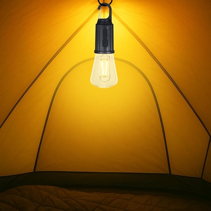 2-Pack Rechargeable Camp Light, Warm White LED Conical Bulb, Battery Powered with USB-C, Shatterproof Globe on Carabiner, 3 Brightness Levels