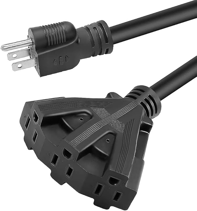 1 FT 12/3 Outdoor Extension Cord, Heavy Duty 3-Outlet SJTW Indoor/Outdoor Three-Prong Power-Cord 12-Gauge Grounded 15-Amp 1875 Watts