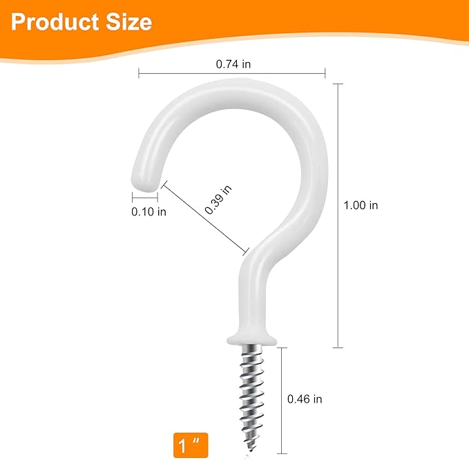 Cup Screw Hooks,1 inch Vinyl Coated Ceiling100 Pack Screw in Hooks Plant Hanger Wind Chimes Kitchen Cup Hooks Great for Hanging Indoor & Outdoor Use(White)