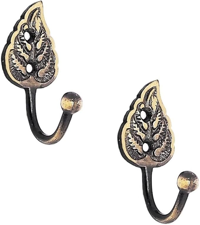 FAPBADRI Multipurpose Hooks, Used to Hang Clothes, Bags, Coats, Curtain Hold Backs, Keys, Colour - Antique Gold, Material - Brass, Leaf Design, Screws and Wallplugs Included, Pack of 2 Pieces