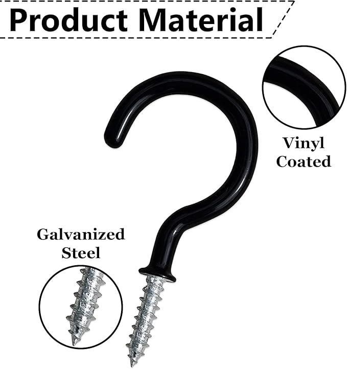 Ceiling Hooks for Hanging Plants- 20pcs 2.9 inches Heavy Duty Vinyl Coated Plant and Kitchen Mug, Black Hanging Hooks for Indoor Outdoor Lights and Wind Chimes