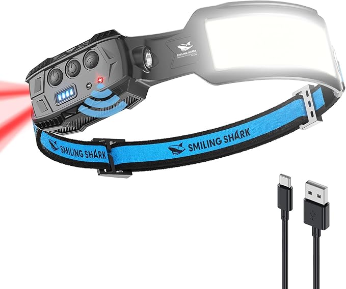 Smiling Shark Headlamp, Head Lamp Led Rechargeable 6 Modes 7*White Lights 270° Lighting Red Tail Light for Camping Fishing Running Repairation, LED-Headlamp-Rechargeable-Light
