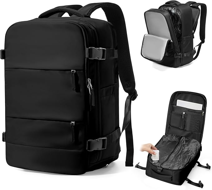 Vacuum Backpack Travel with Pump,Large Travel Backpack with Vacuum System,Mochila compresion al vacio,Flight Approved 18x14x8,Waterproof Carry on Personal Item Laptop Backpacks,Black