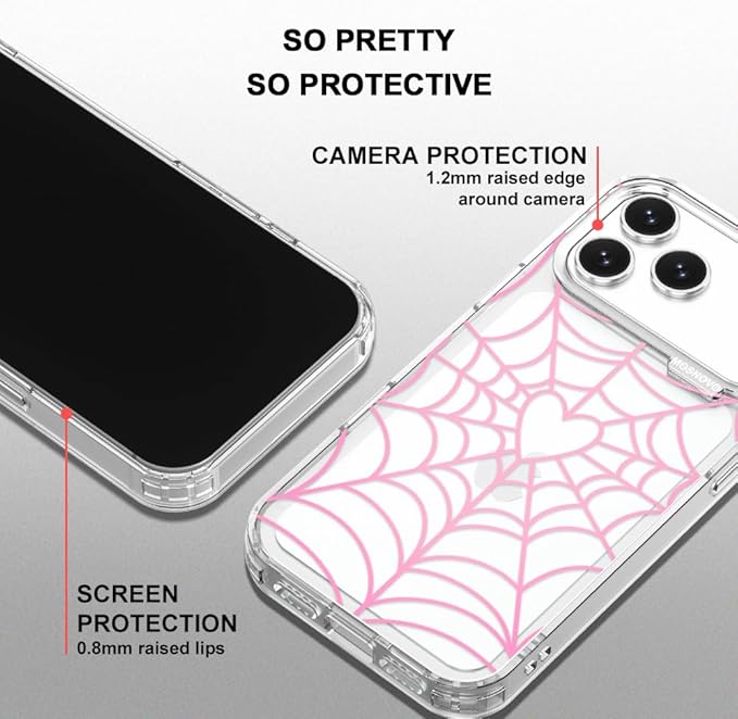MOSNOVO for iPhone 17 Pro Max Case, Shockproof Military-Grade Protection 6.6ft Drop Tested, Camera Control, Clear Phone Case for iPhone 17 Pro Max, Pink Spiderweb Design