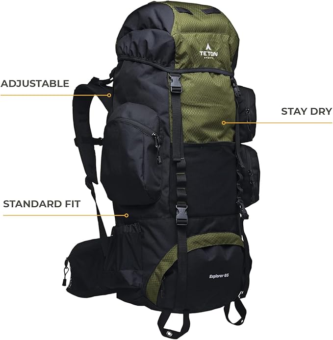 Teton 65L Explorer Internal Frame Backpack for Hiking, Camping, Backpacking, Rain Cover Included, Huckleberry