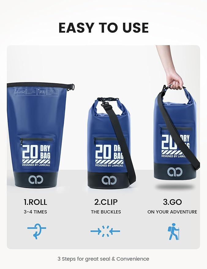 Lamicall Waterproof Dry Bag with Phone Pouch, Floating Roll Top Backpack, 10L, Blue