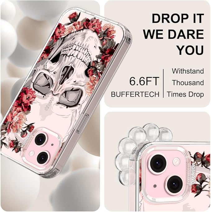 MOSNOVO Case for iPhone 15, [Buffertech 6.6ft Military-Grade Drop Protection] [Anti Peel Off Tech] Clear TPU Bumper Phone Case Cover Design - Red Flower Skull