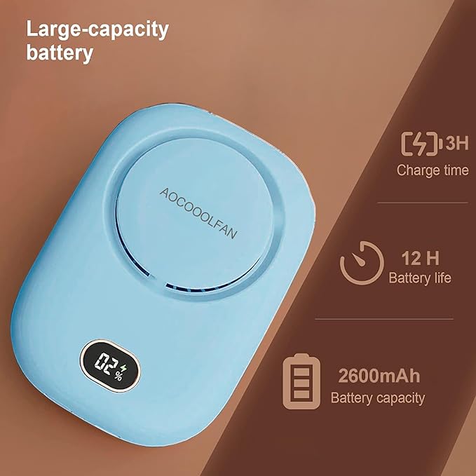AOCOOLFAN Portable Neck Fan, Mini Small Personal Handheld Fan USB Rechargeable 3 Speed for Girls Boys Woman Eyelash Travel Home Office Outdoor (light blue)
