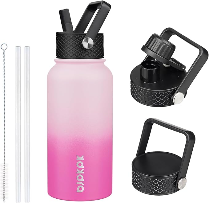 BJPKPK Insulated Water Bottles with Straw Lid, 27oz Stainless Steel Water Bottle with 3 Lids, Leak Proof BPA Free Metal Thermo, Mugs, Tumblers, Keep Cold Hot - Cherry
