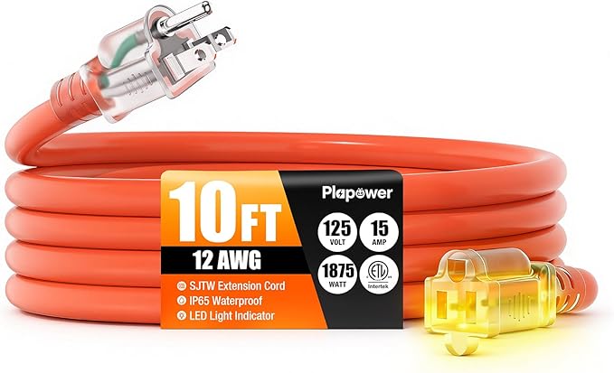 Outdoor Extension Cord 10 FT Waterproof, 12/3 Gauge Heavy Duty 3 Prong Power Cord with Lighted Indicator End, 15A 125V 1875W SJTW, ETL Listed, Great for Lawn/Garden/Home(Orange)