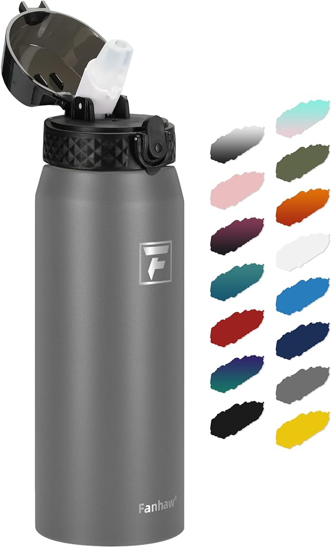 Fanhaw 24 oz Insulated Stainless Steel Water Bottle with Straw Lid, Leakproof & Anti-Dust Sports Bottle for Kids, Women & Men (Gray)