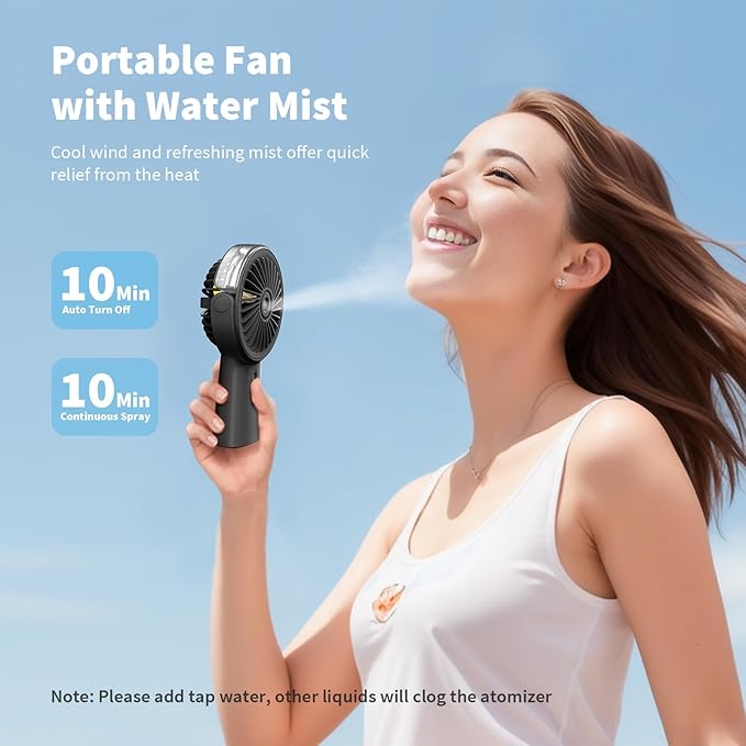 Otlonpe Handheld Misting Fan Portable, Small Personal Hand Held Rechargeable Mist Fan Water Spray, 4000mAh Battery Operated Hand Mister Fans 3-Speed, 4-15 Hrs Runtime for Travel Home Office Outdoor