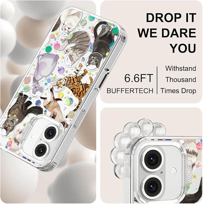 MOSNOVO Case for iPhone 16 Plus, [Buffertech 6.6ft Military-Grade Drop Protection] [Anti Peel Off Tech] Clear TPU Bumper Phone Case Cover Design - Space Cat