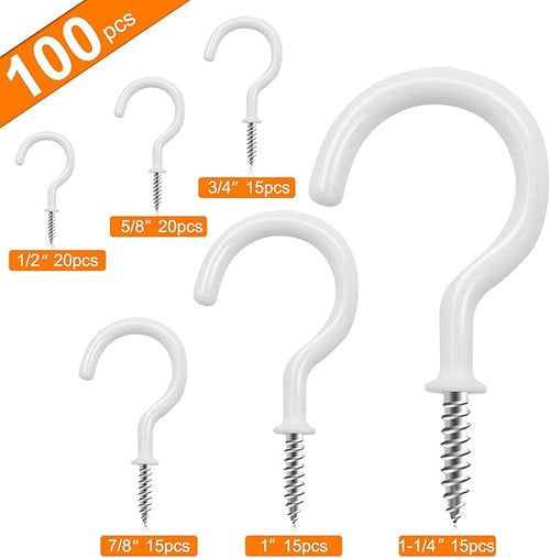 100 PCS Screw in Cup Hooks,6 Size Vinyl Coated Screw Ceiling Wind Chimes Cup Hooks for Hanging Indoor & Outdoor Use(White)
