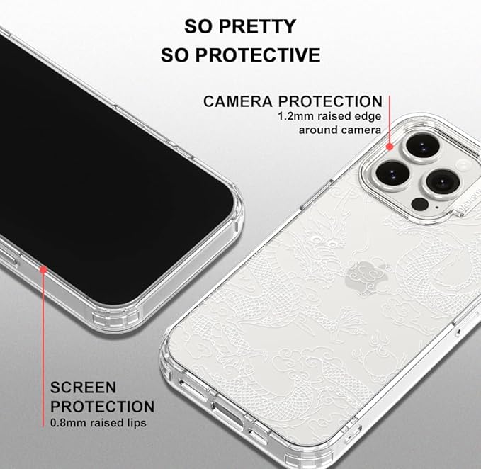 MOSNOVO Case for iPhone 15 Pro Max, [Buffertech 6.6ft Military-Grade Drop Protection] [Anti Peel Off Tech] Clear TPU Bumper Phone Case Cover Design - White Dragon