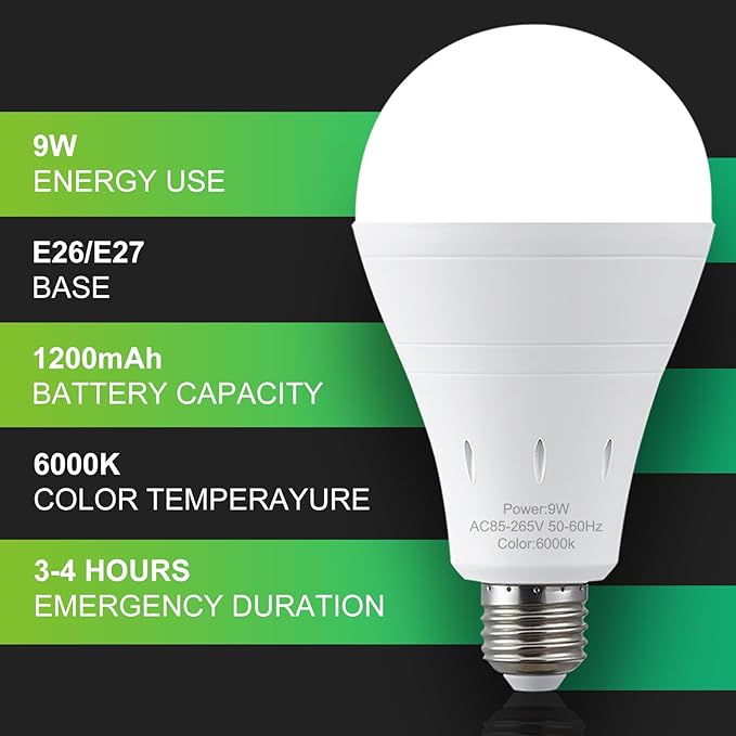 DEBAOBULB 4 Pack Rechargeable Emergency Light Bulbs, Battery Powered LED Light Bulb 6000K Daylight E26 120 Volt 9W 60W Equivalent with 1200mAh for Home Power Outage Camping Hurricane