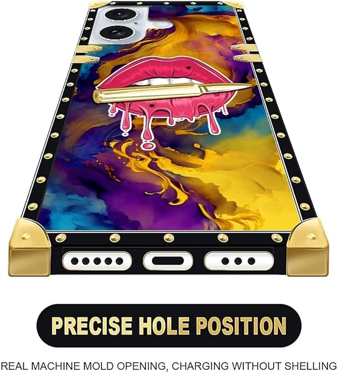 Compatible with iPhone 16 Plus Case, Cool Corlorful Lip Marble Luxury Golden Decoration for Girl Women Soft TPU Shockproof Protective Hard PC Back for iPhone 16 Plus